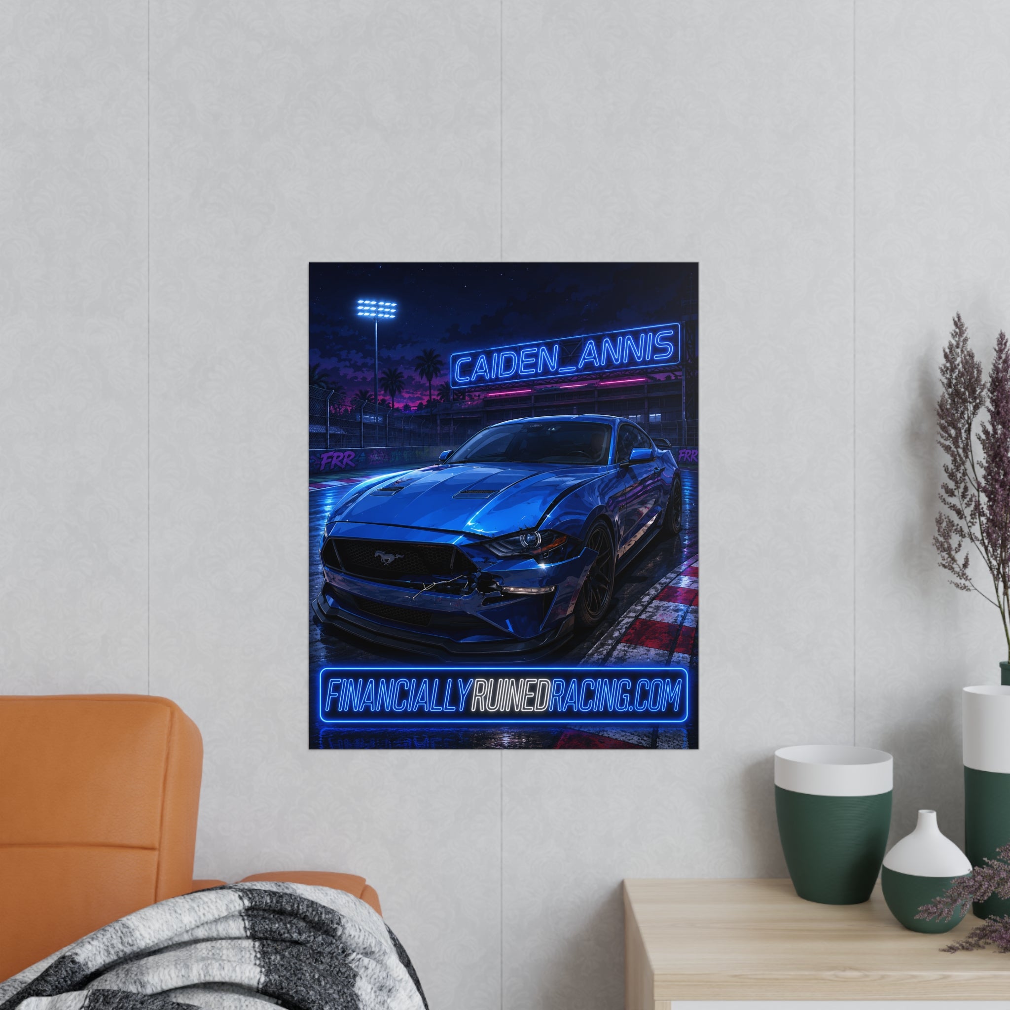 Poster — Neon Blue Mustang Racing Print (Caiden_Annis, financiallyruinedracing.com)