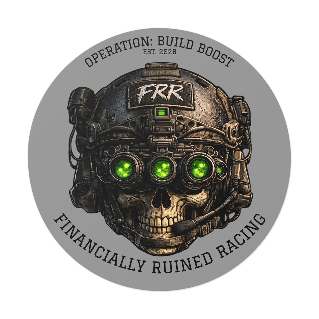 Round Vinyl Sticker — "Financially Ruined Racing" Skull Helmet Design