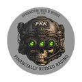 Round Vinyl Sticker — "Financially Ruined Racing" Skull Helmet Design
