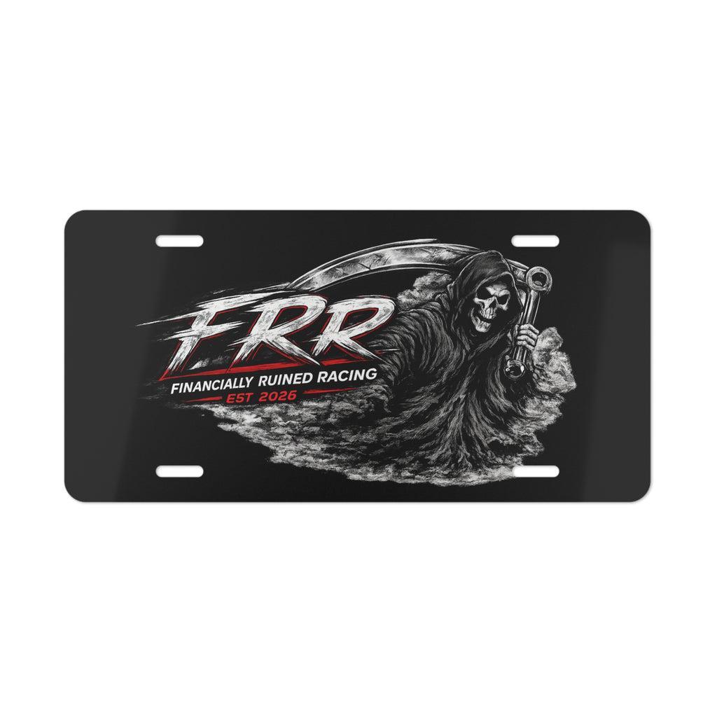 Vanity Plate — "FRR: Financially Ruined Racing"  (Black)