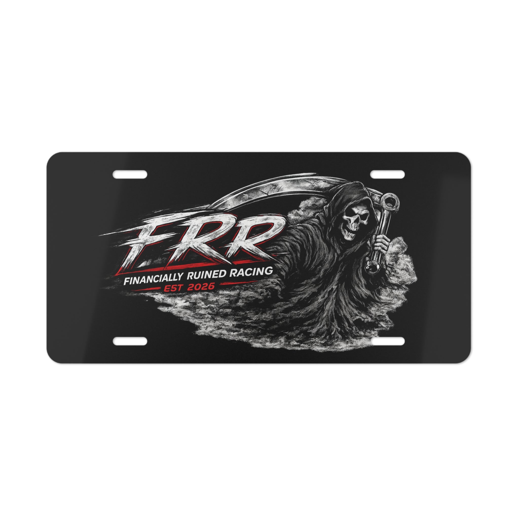 Vanity Plate — "FRR: Financially Ruined Racing"  (Black)