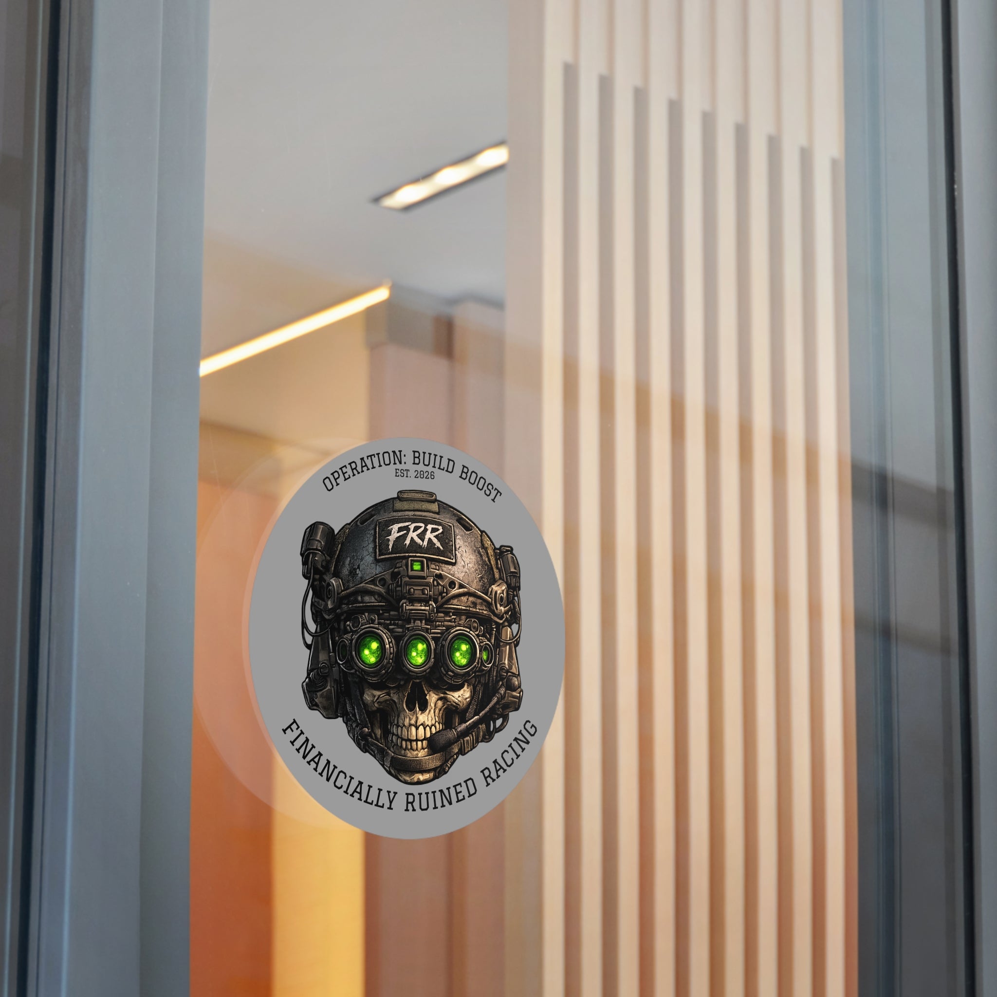 Round Vinyl Sticker — "Financially Ruined Racing" Skull Helmet Design