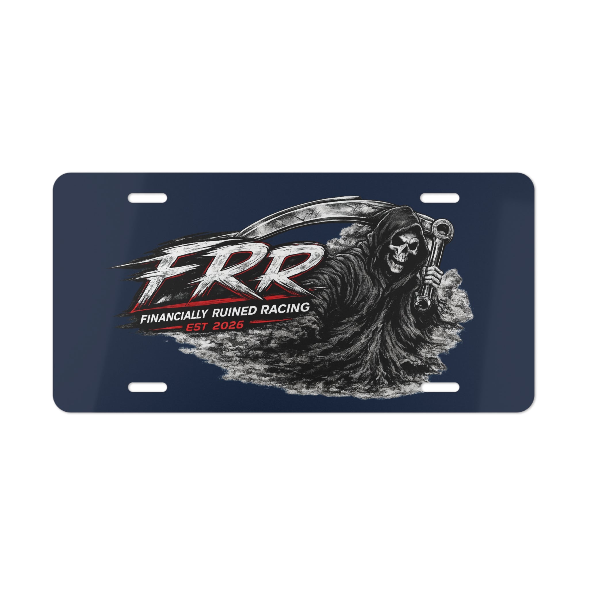 Vanity Plate — "FRR: Financially Ruined Racing"  (Blue)